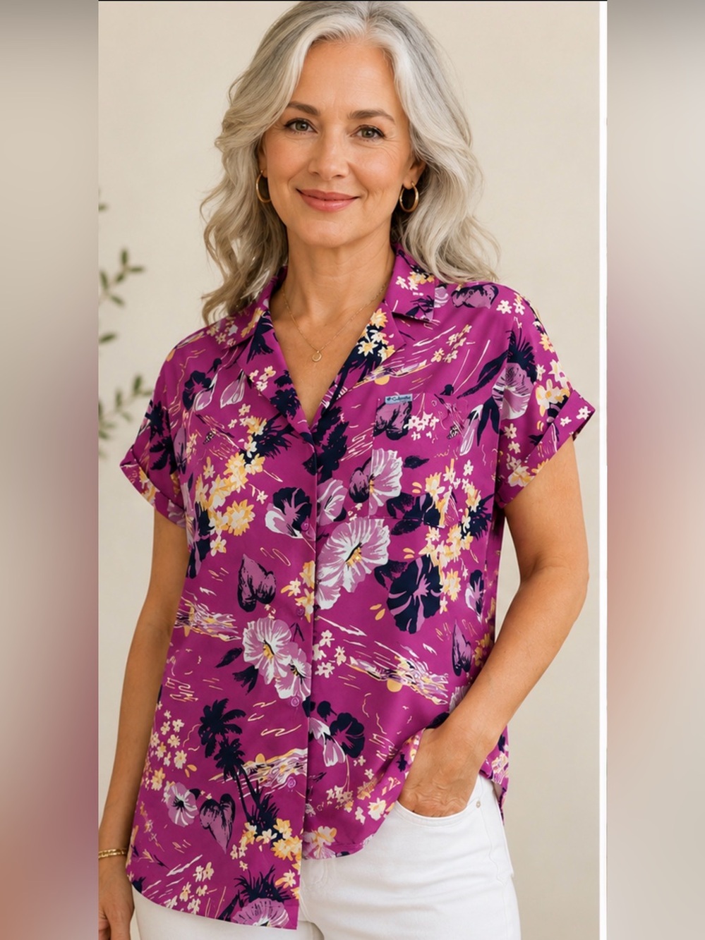 Columbia PFG Tropical Floral Hawaiian Fishing Shirt Magenta Purple, M